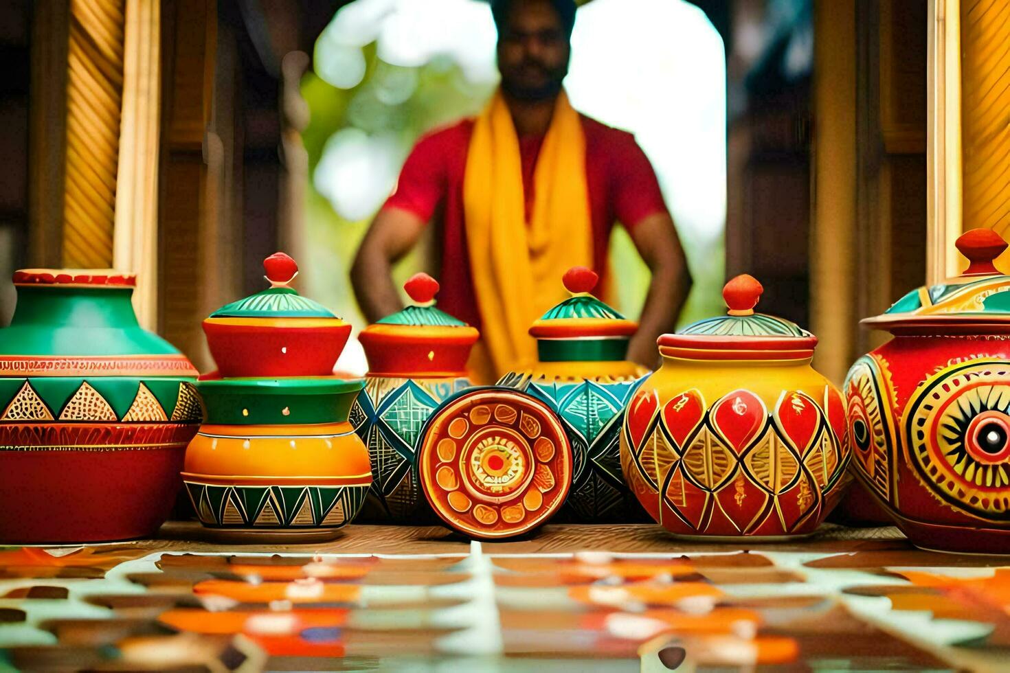 a man is standing in front of colorful pots and vases. AI-Generated photo