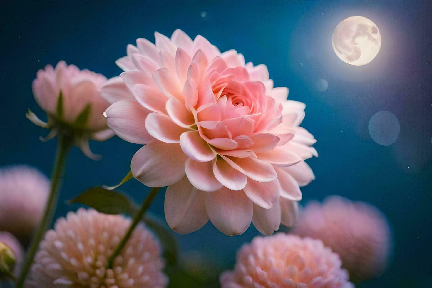 pink flowers with the moon in the background. AI-Generated photo