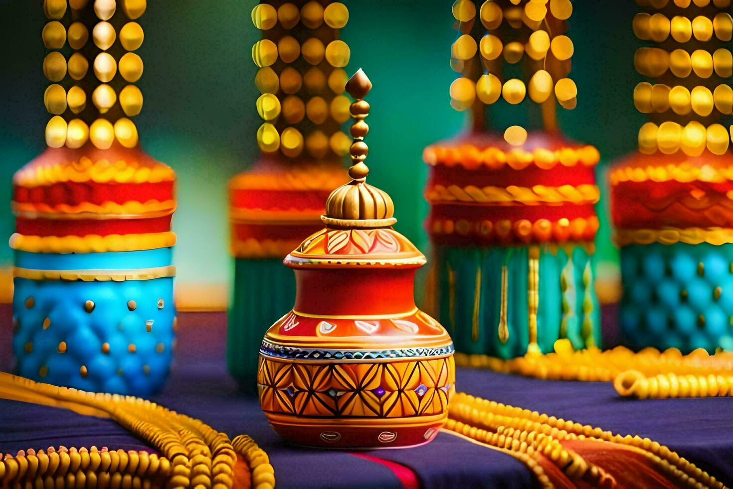 colorful vases with beads and gold chains. AI-Generated photo