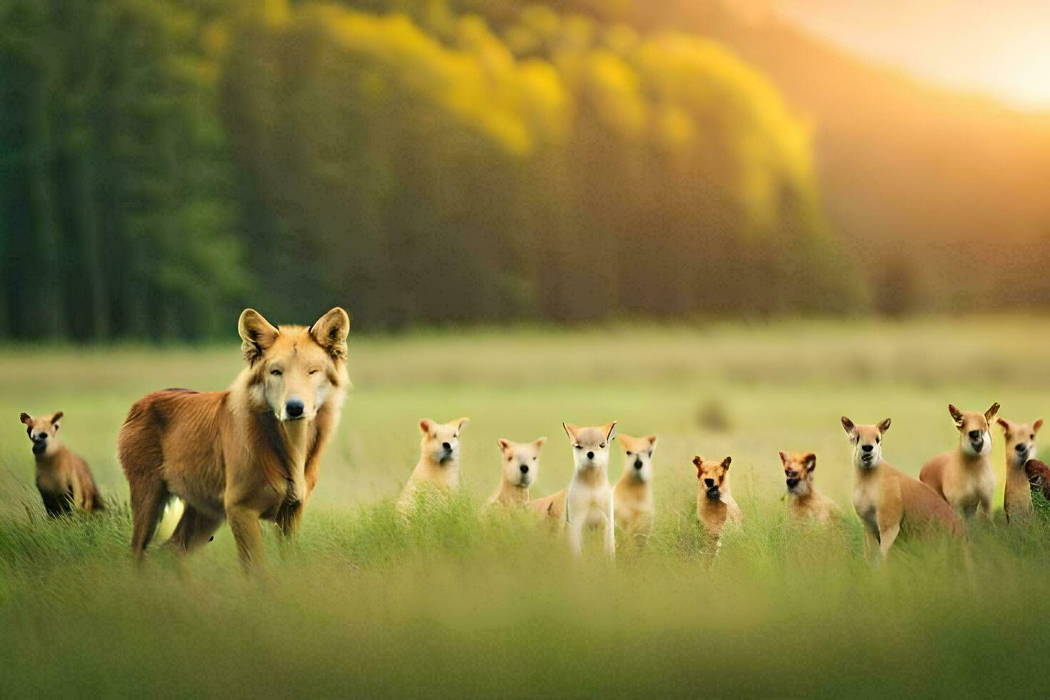 un grupo de perros en pie en un campo. generado por ai foto