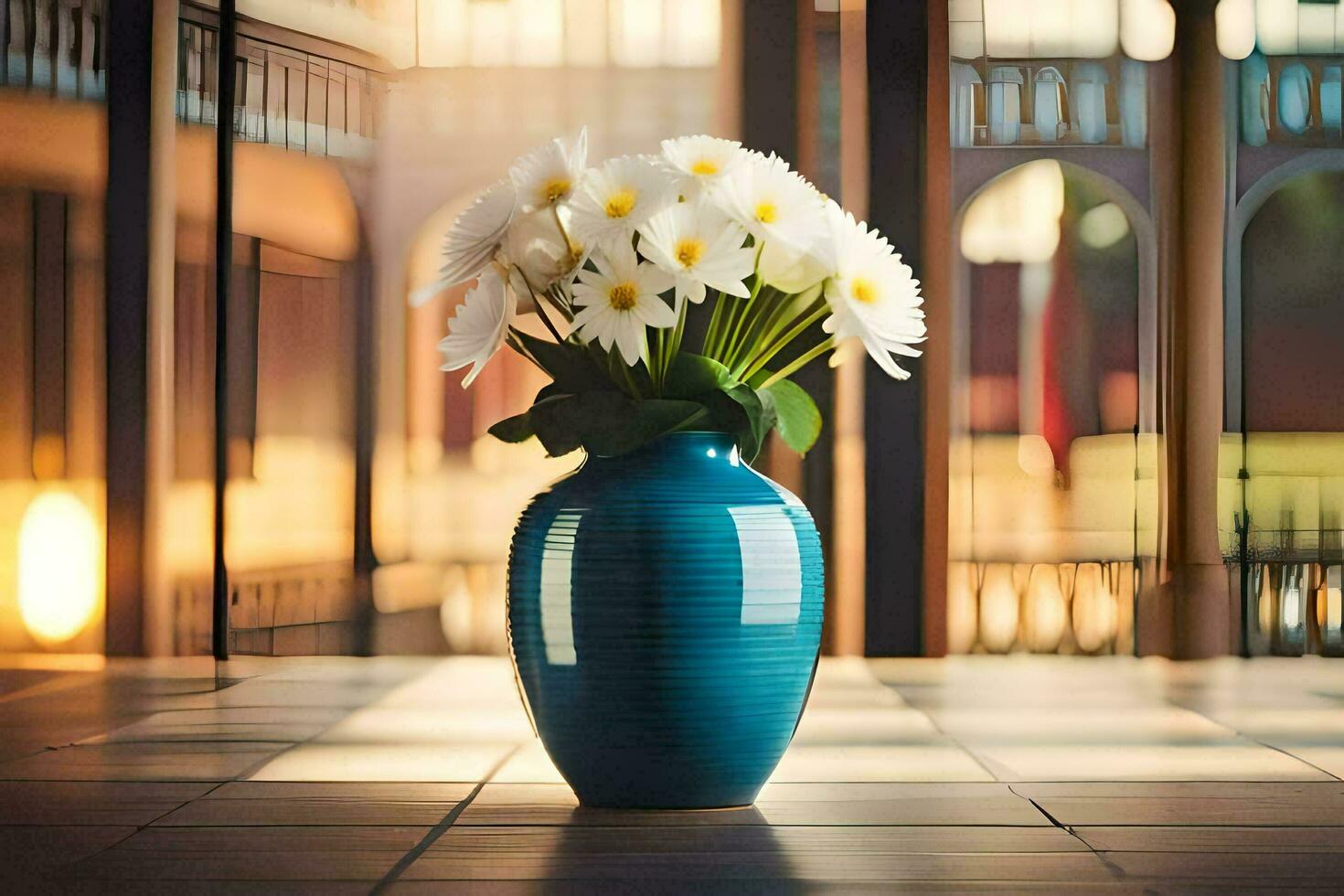 a blue vase with white flowers sitting on a tile floor. AI-Generated photo