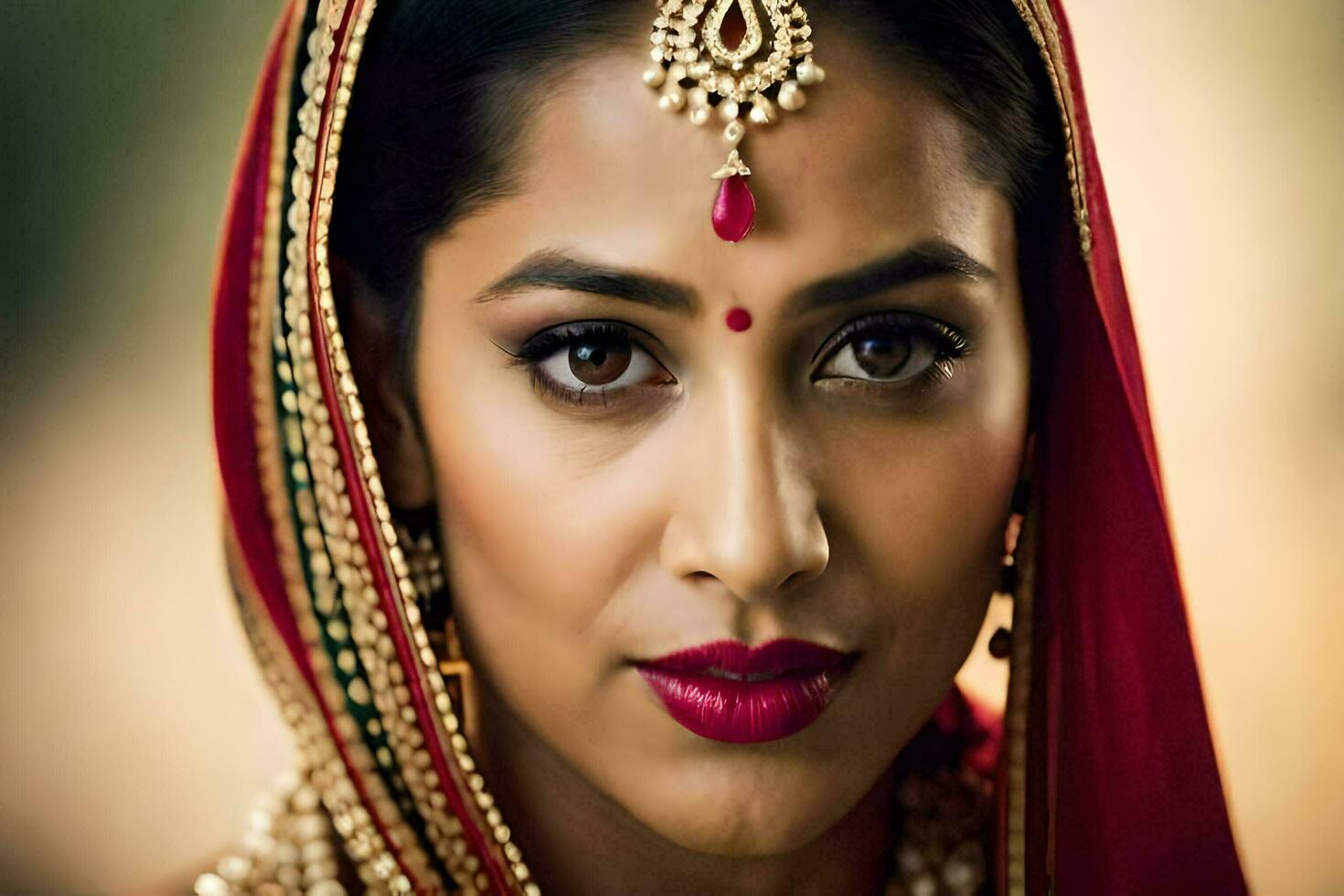 un indio mujer vistiendo un rojo sari y oro joyas. generado por ai foto