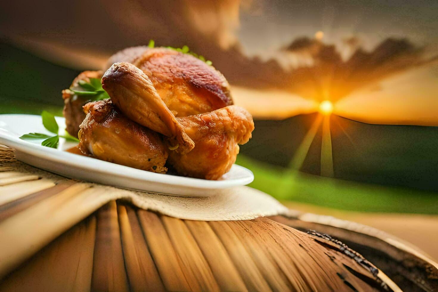 photo wallpaper food, the sky, the sun, the sunset, the food, the plate,. AI-Generated