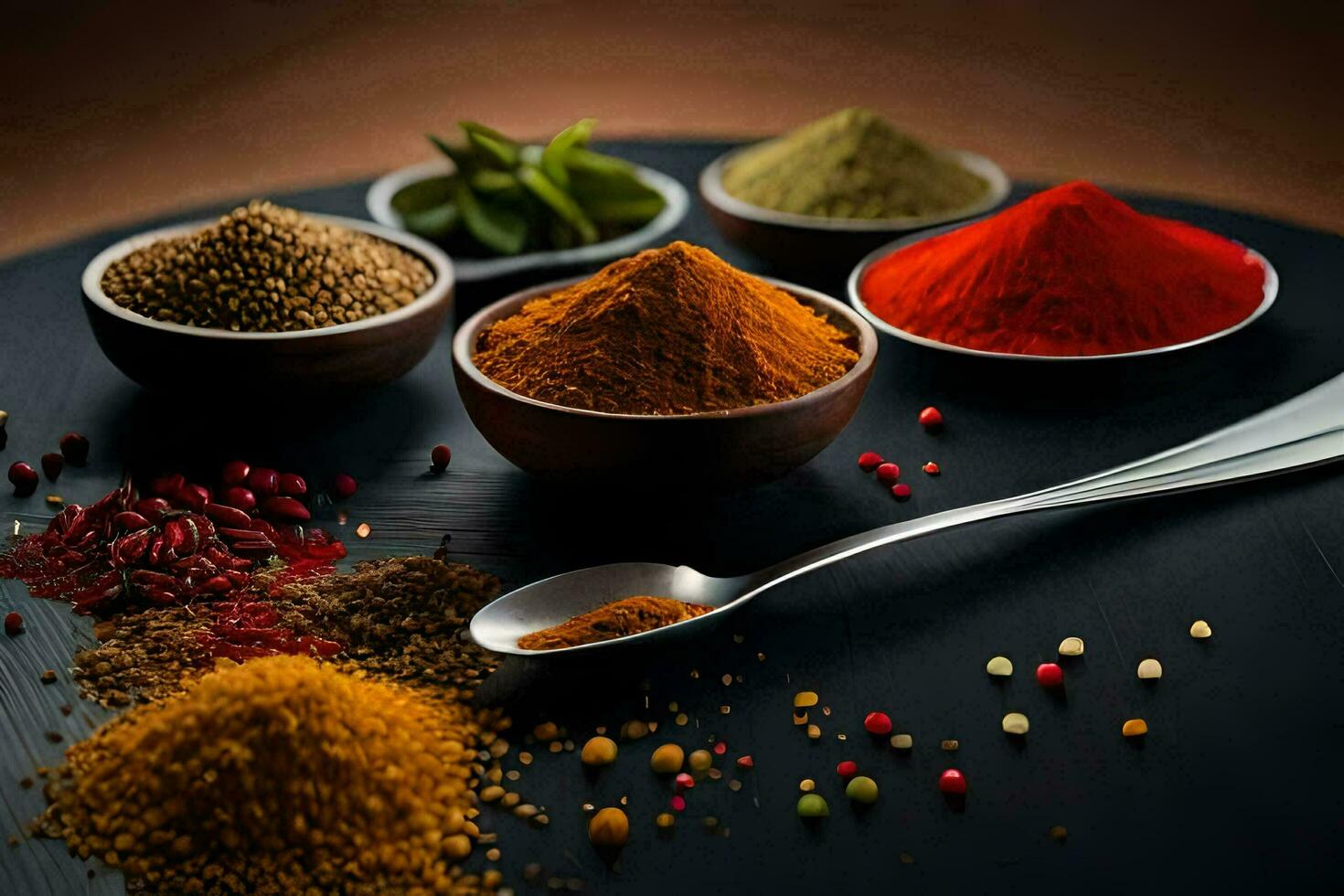 spices in bowls and spoons on a black table. AI-Generated photo