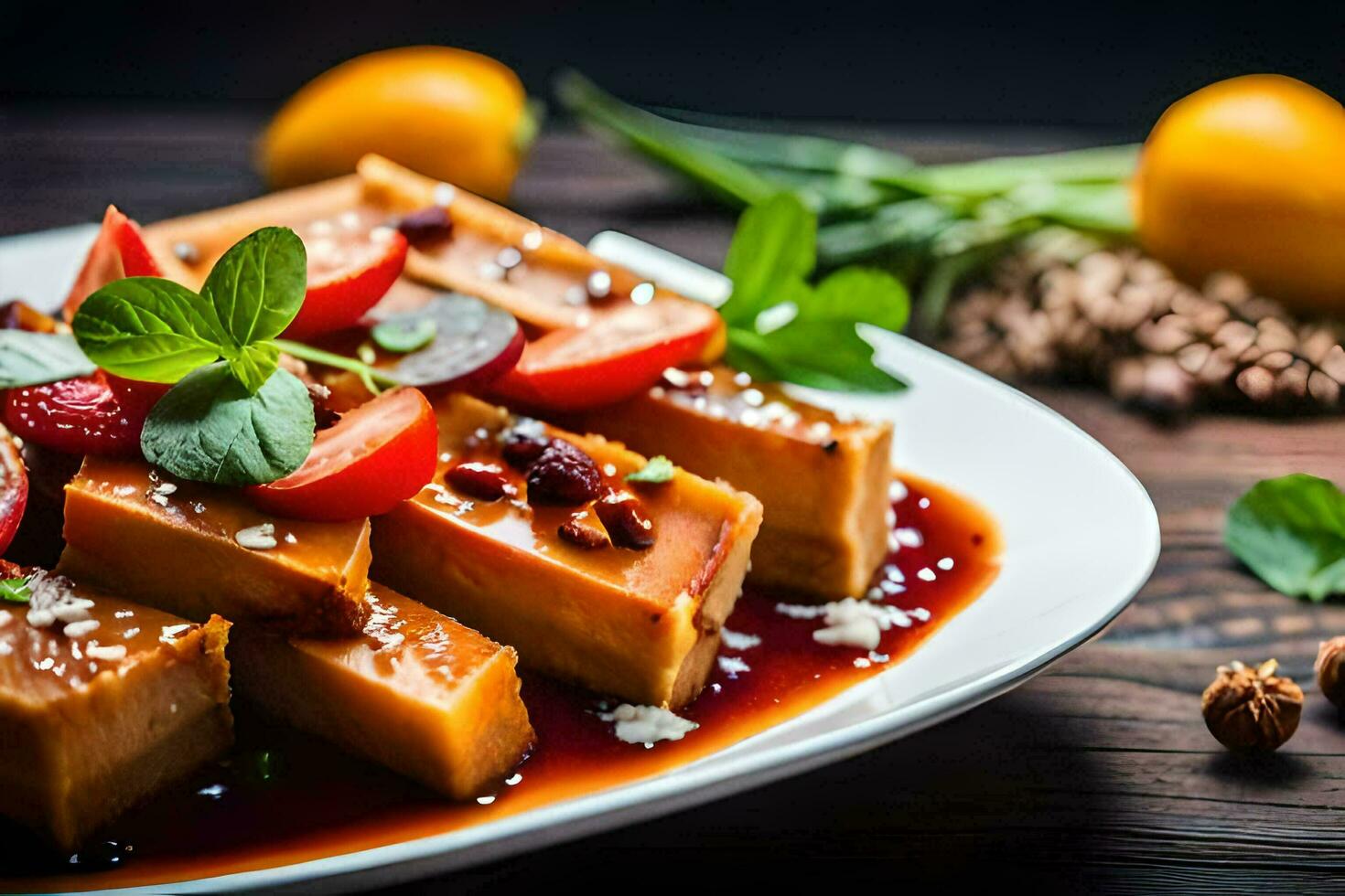 a plate of food with vegetables and fruit. AI-Generated photo