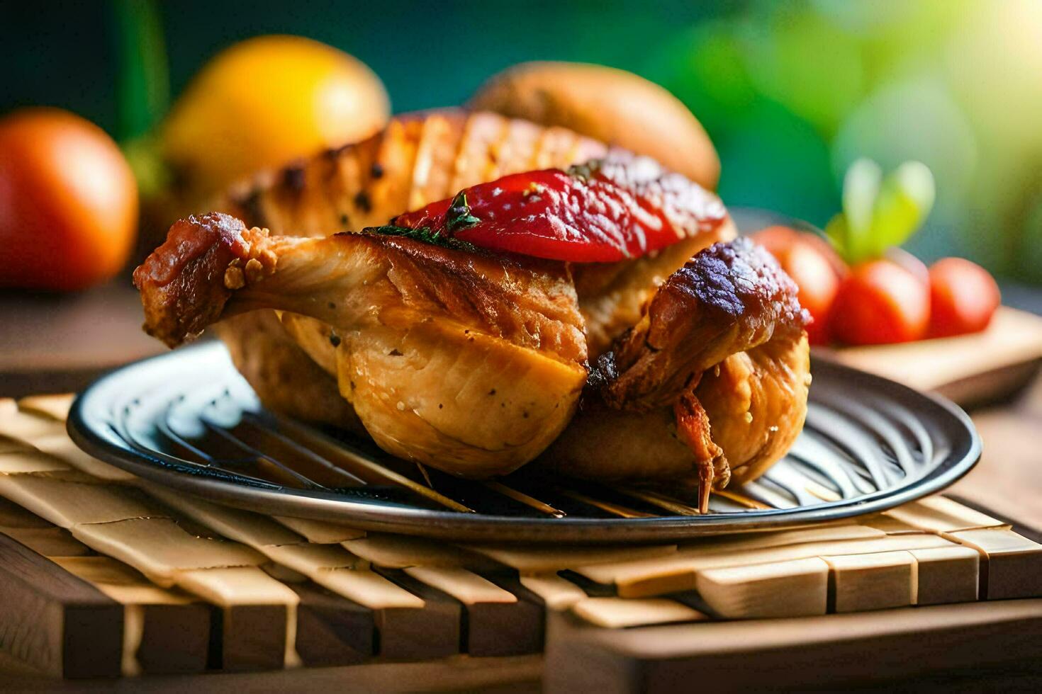 un pollo en un plato con Tomates y pimientos. generado por ai foto