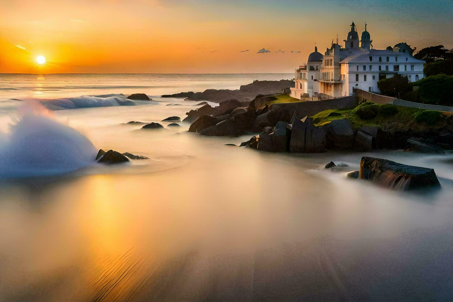 un Iglesia se sienta en el apuntalar de un rocoso playa a puesta de sol. generado por ai foto