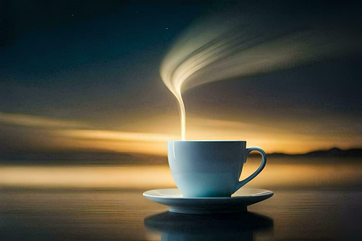a cup of coffee on the water with a steam coming out of it. AI-Generated photo