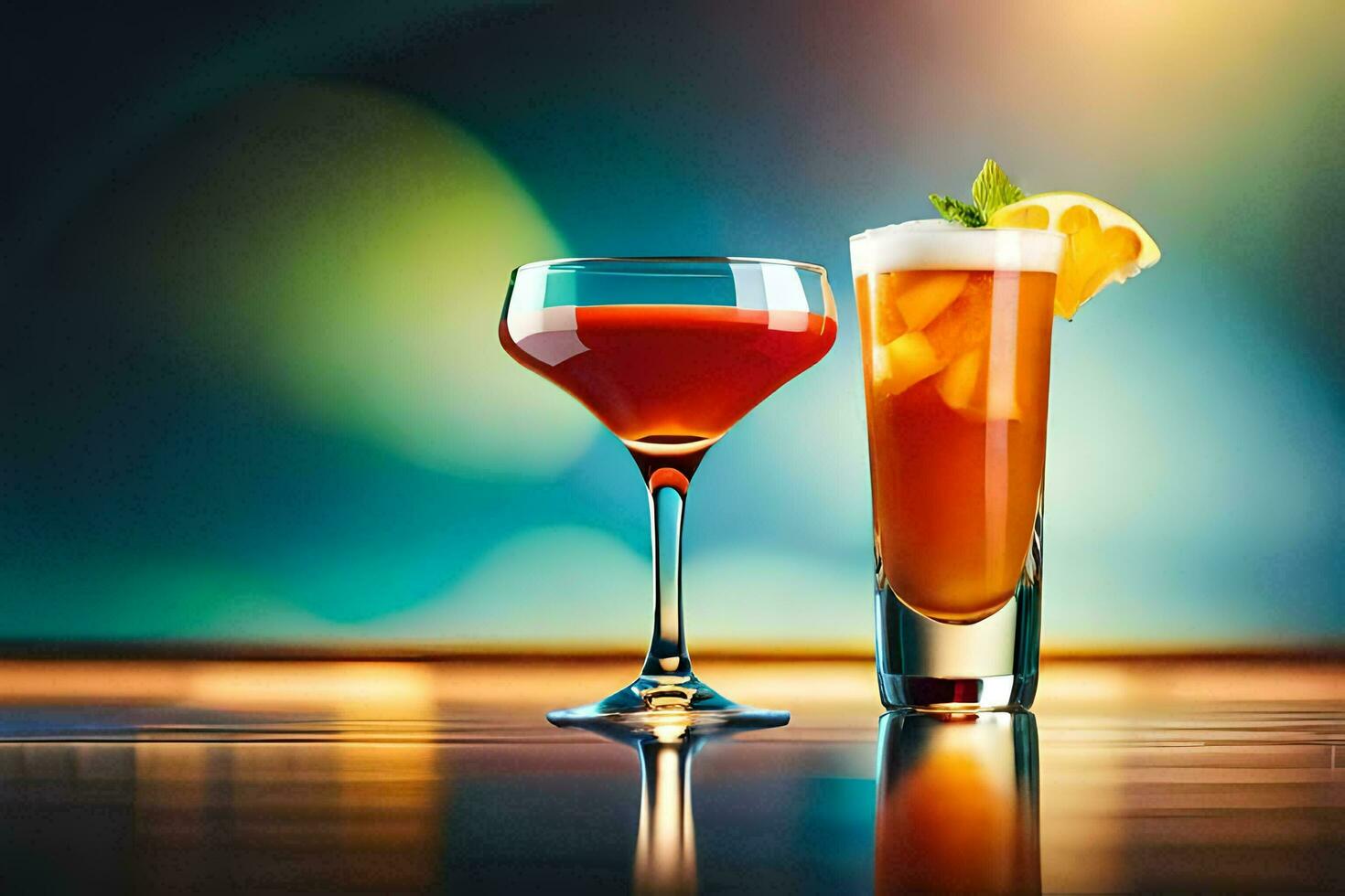 two glasses of alcoholic drinks on a table. AI-Generated photo