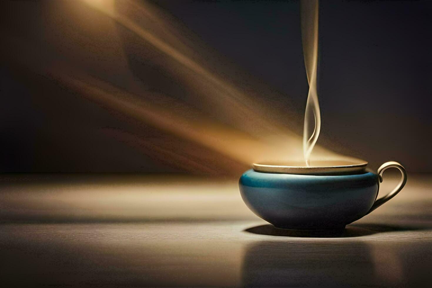 a cup of coffee on a table with smoke coming out of it. AI-Generated photo