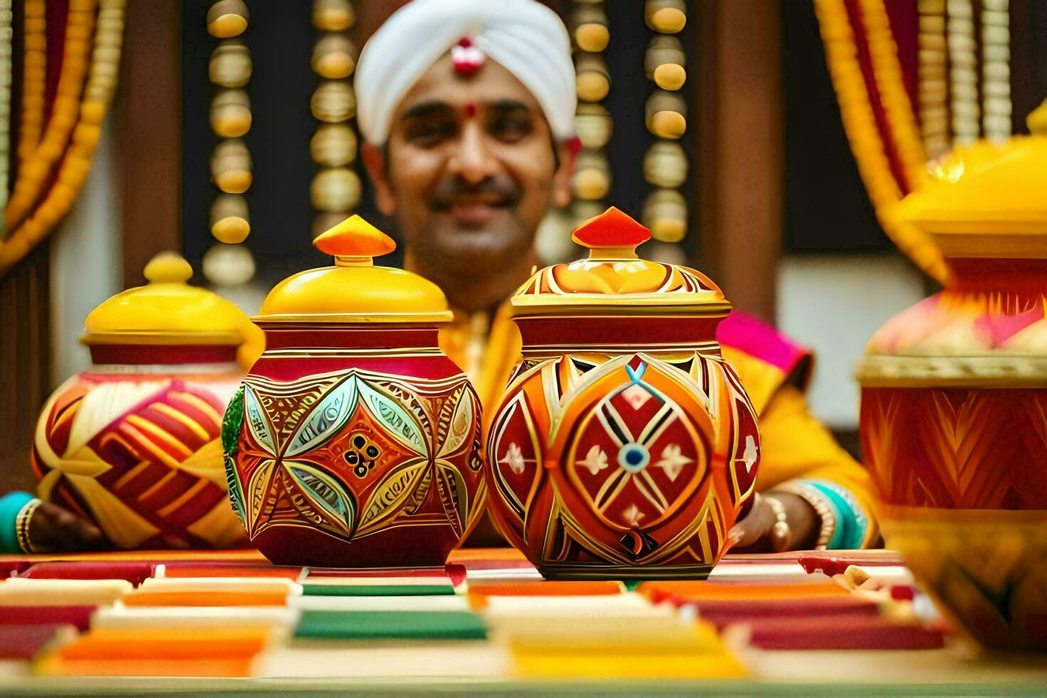 a man in a turban is holding a colorful pot. AI-Generated photo