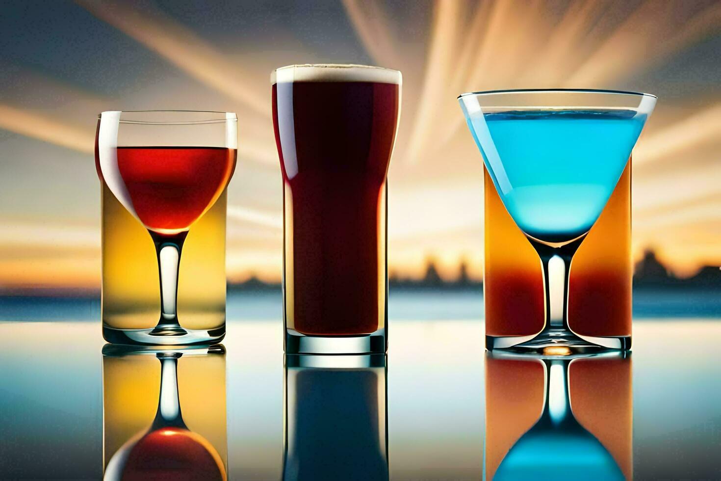 three glasses of different colored drinks on a table. AI-Generated photo