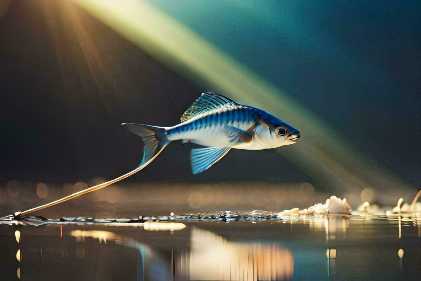 a fish is flying over water with sunlight shining. AI-Generated photo