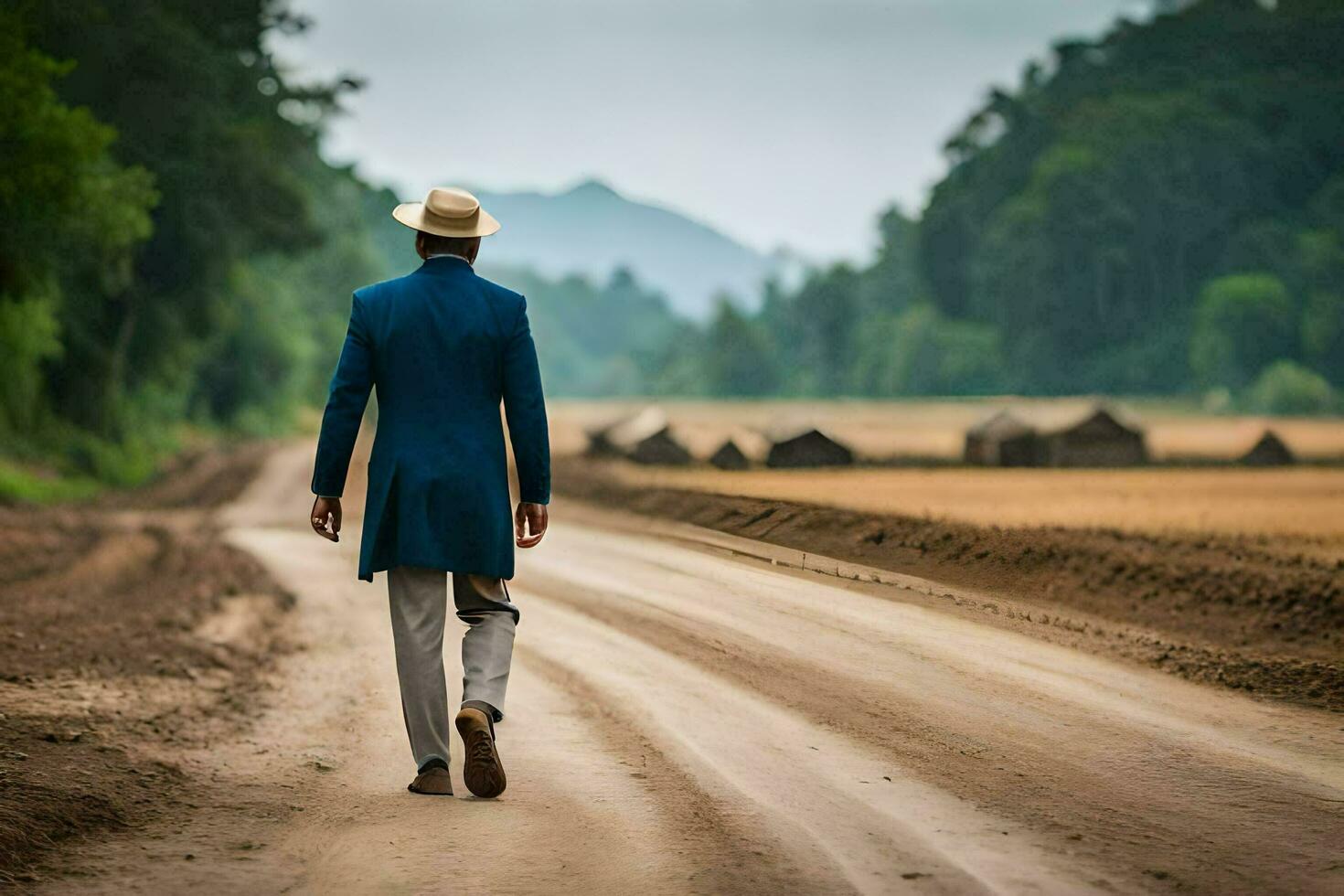 a man in a suit and hat walks down a dirt road. AI-Generated photo