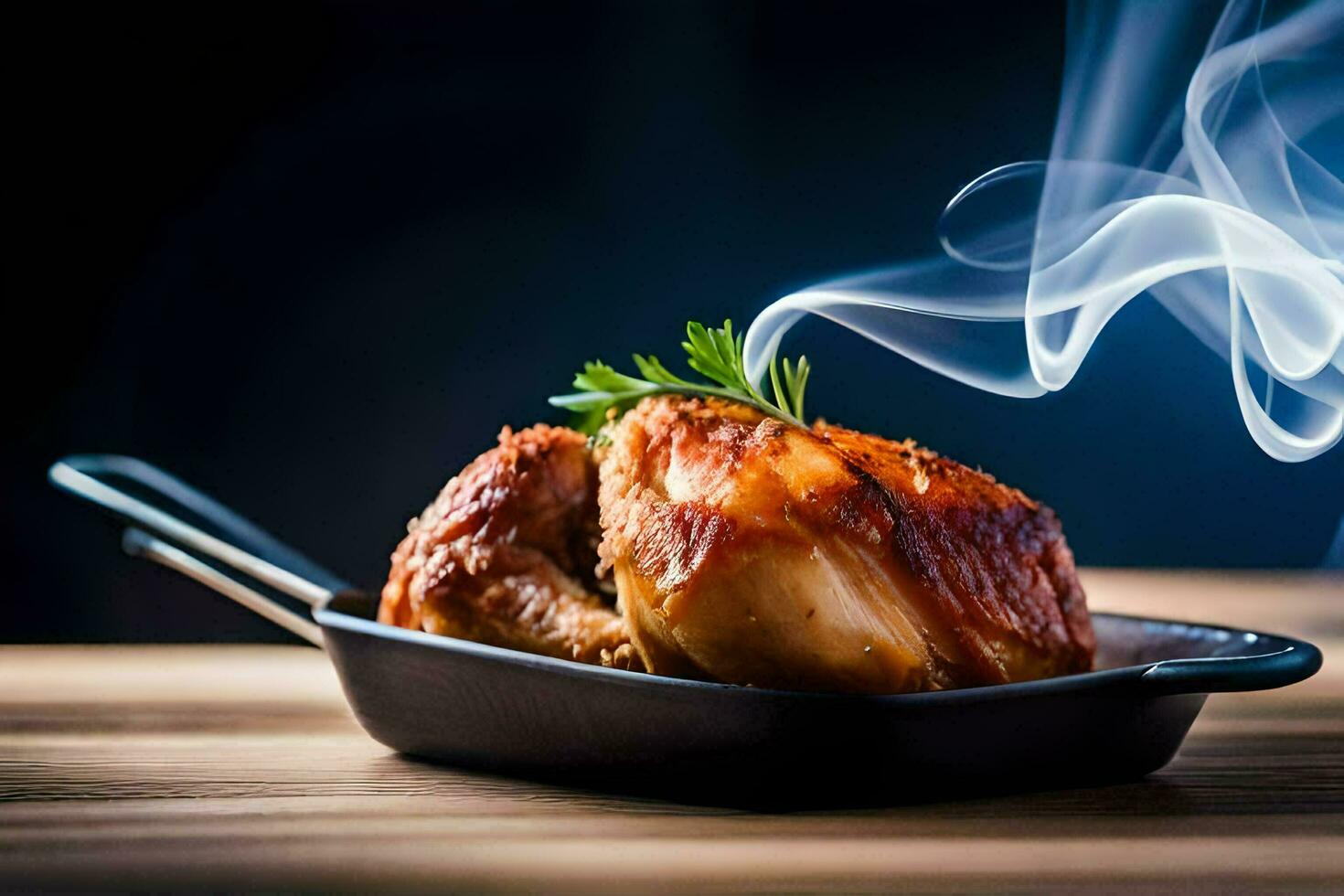 a chicken in a pan with smoke coming out of it. AI-Generated photo
