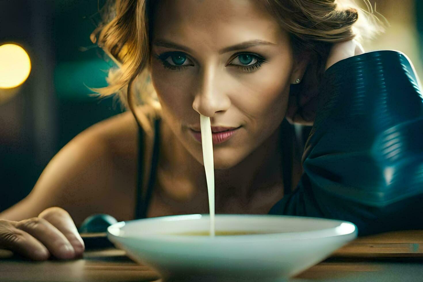 a woman is drinking soup from a bowl. AI-Generated photo