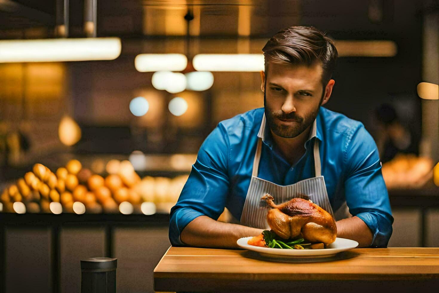 a man in an apron is holding a chicken on a plate. AI-Generated photo
