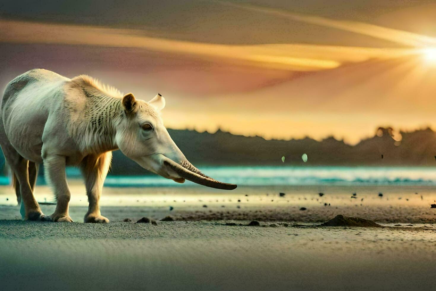 a white elephant is standing on the beach at sunset. AI-Generated photo