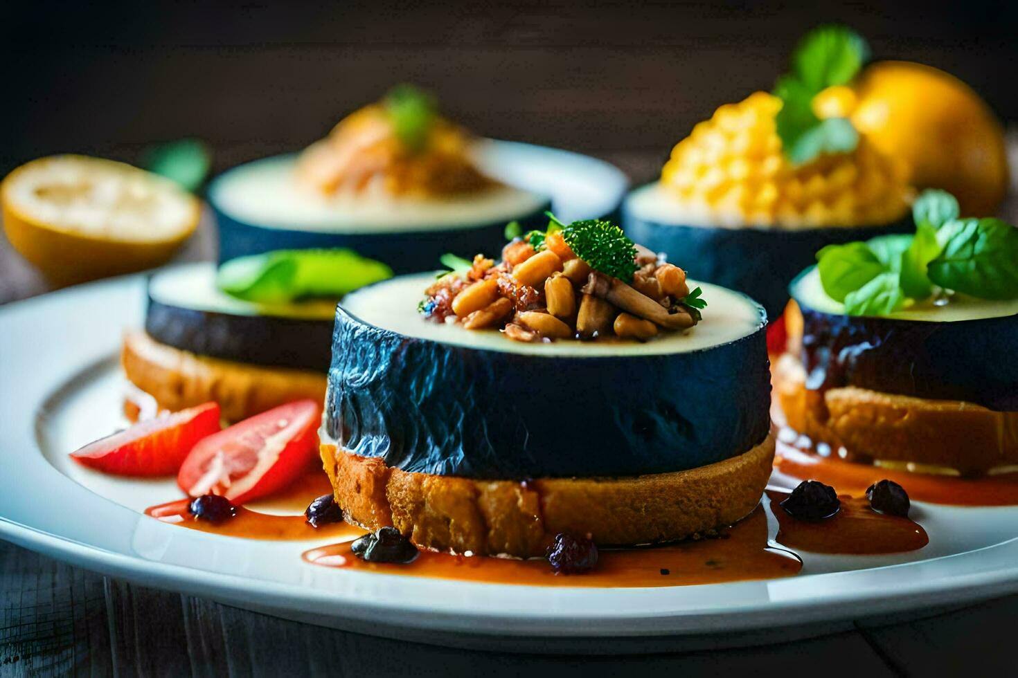 un plato con cuatro pequeño pasteles en él. generado por ai foto