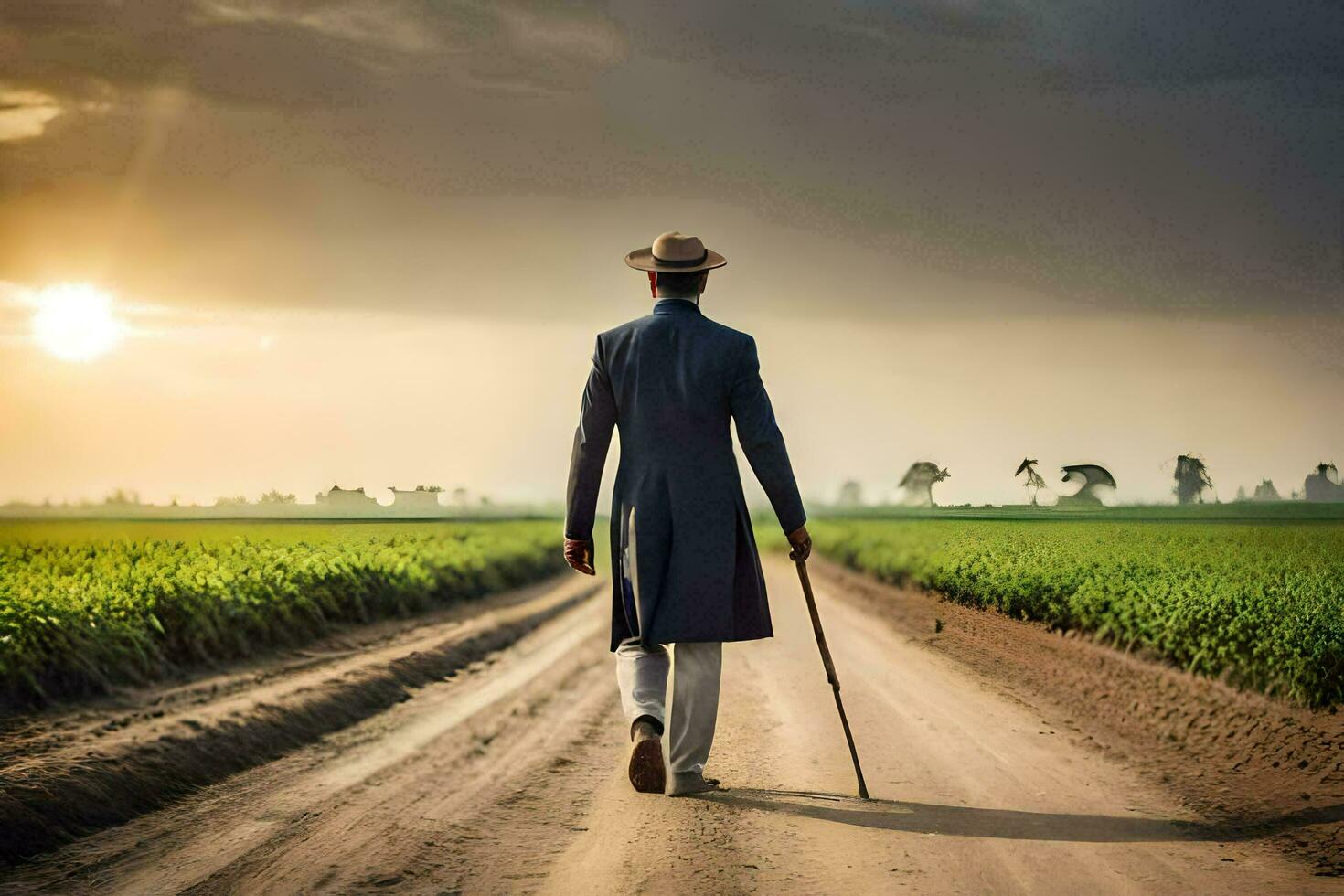 a man in a suit walking down a dirt road. AI-Generated photo