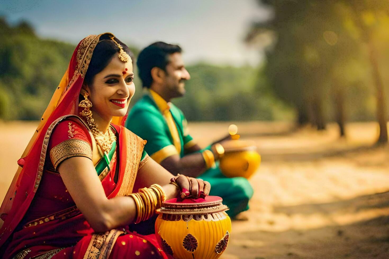 a couple in traditional indian attire sitting on the beach. AI-Generated photo