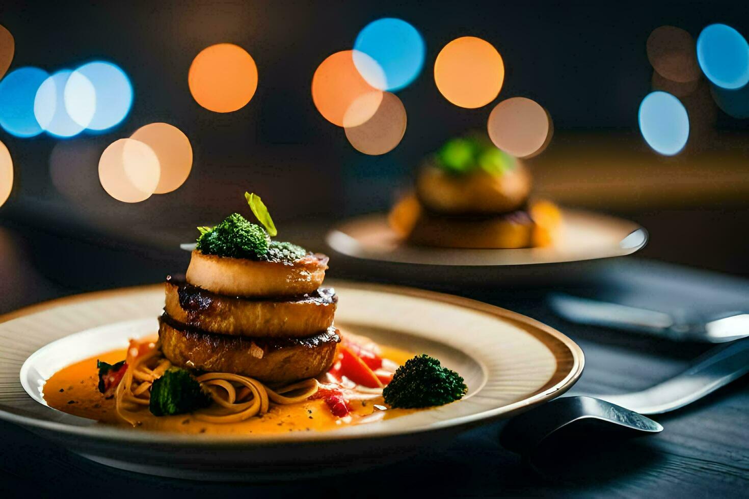 a plate of food with scallops and spaghetti. AI-Generated photo