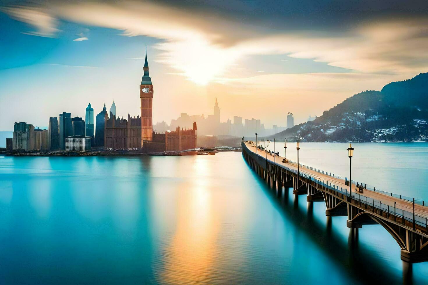 the bridge over the water and the city skyline. AI-Generated photo