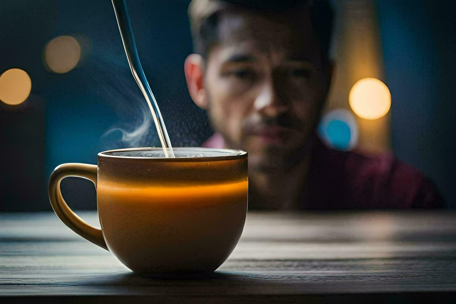 a man is stirring a cup of coffee. AI-Generated photo