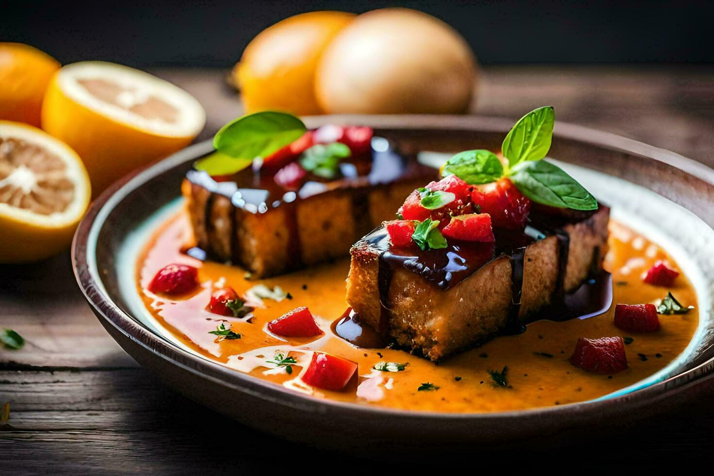 two pieces of tofu with sauce and lemon slices. AI-Generated photo