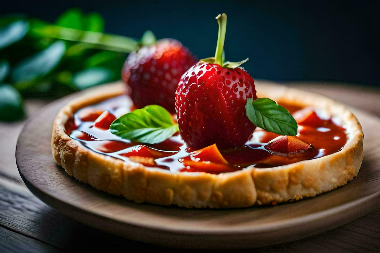 a strawberry tart with strawberries and basil leaves on a wooden plate. AI-Generated photo