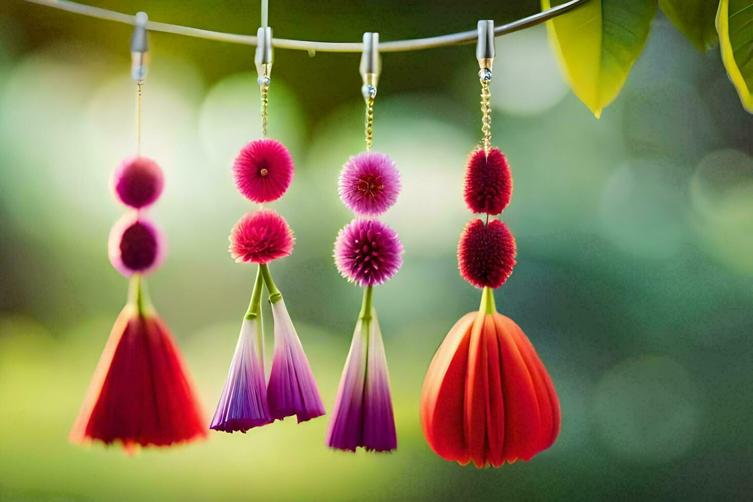 cuatro vistoso flores colgando desde un cable. generado por ai foto