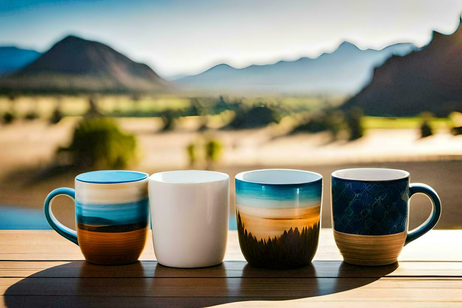 three coffee mugs with mountains in the background. AI-Generated photo