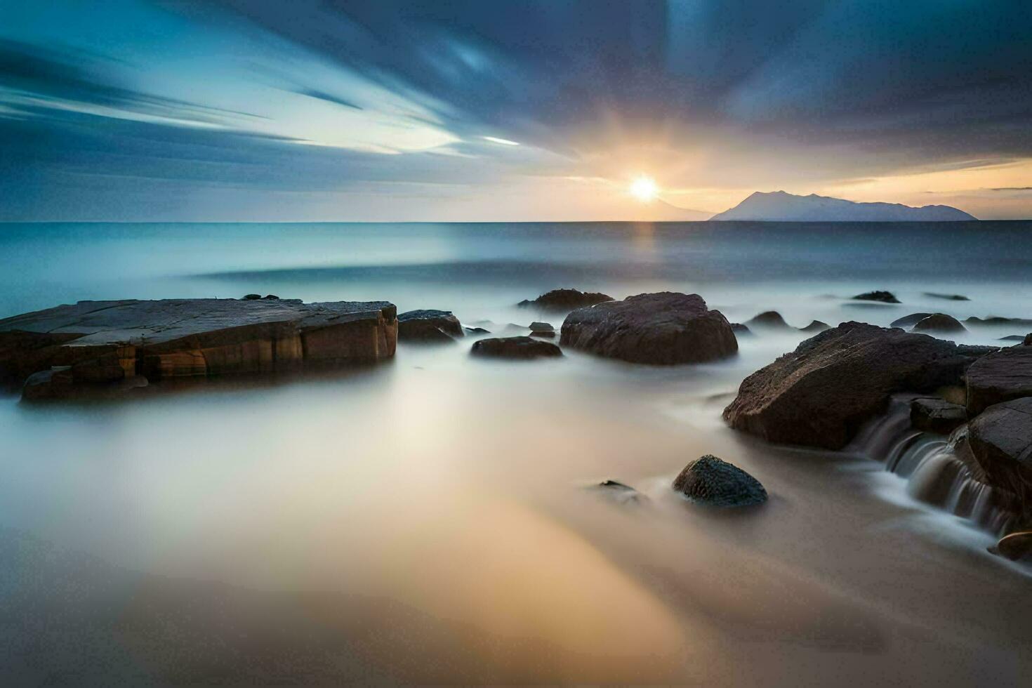 a long exposure photograph of rocks and water at sunset. AI-Generated photo