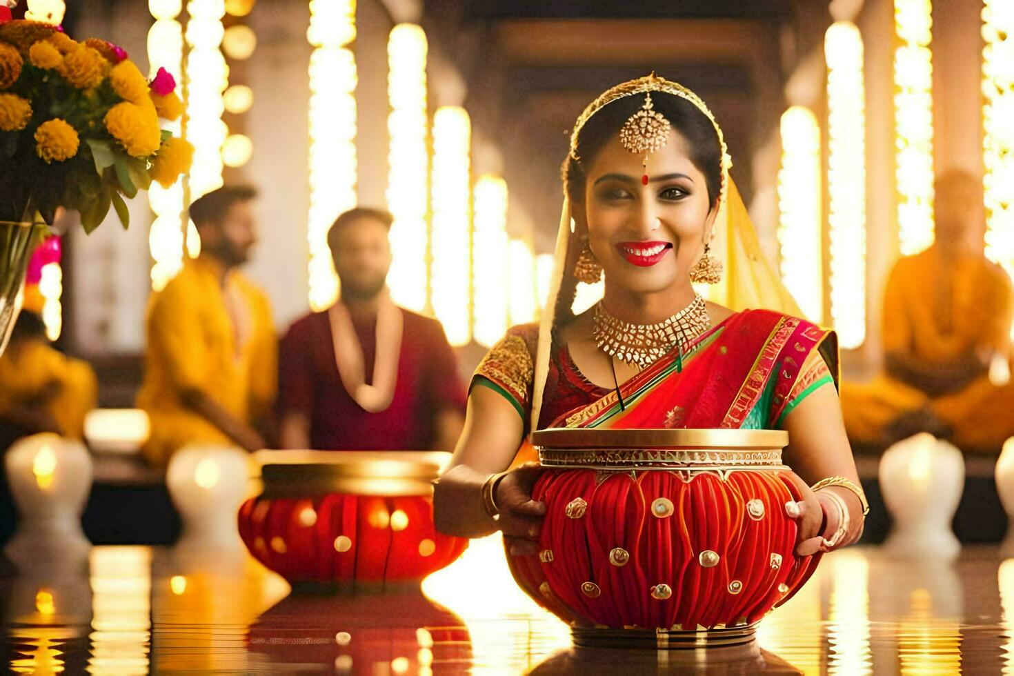 a woman in traditional indian attire holding a large pot. AI-Generated photo