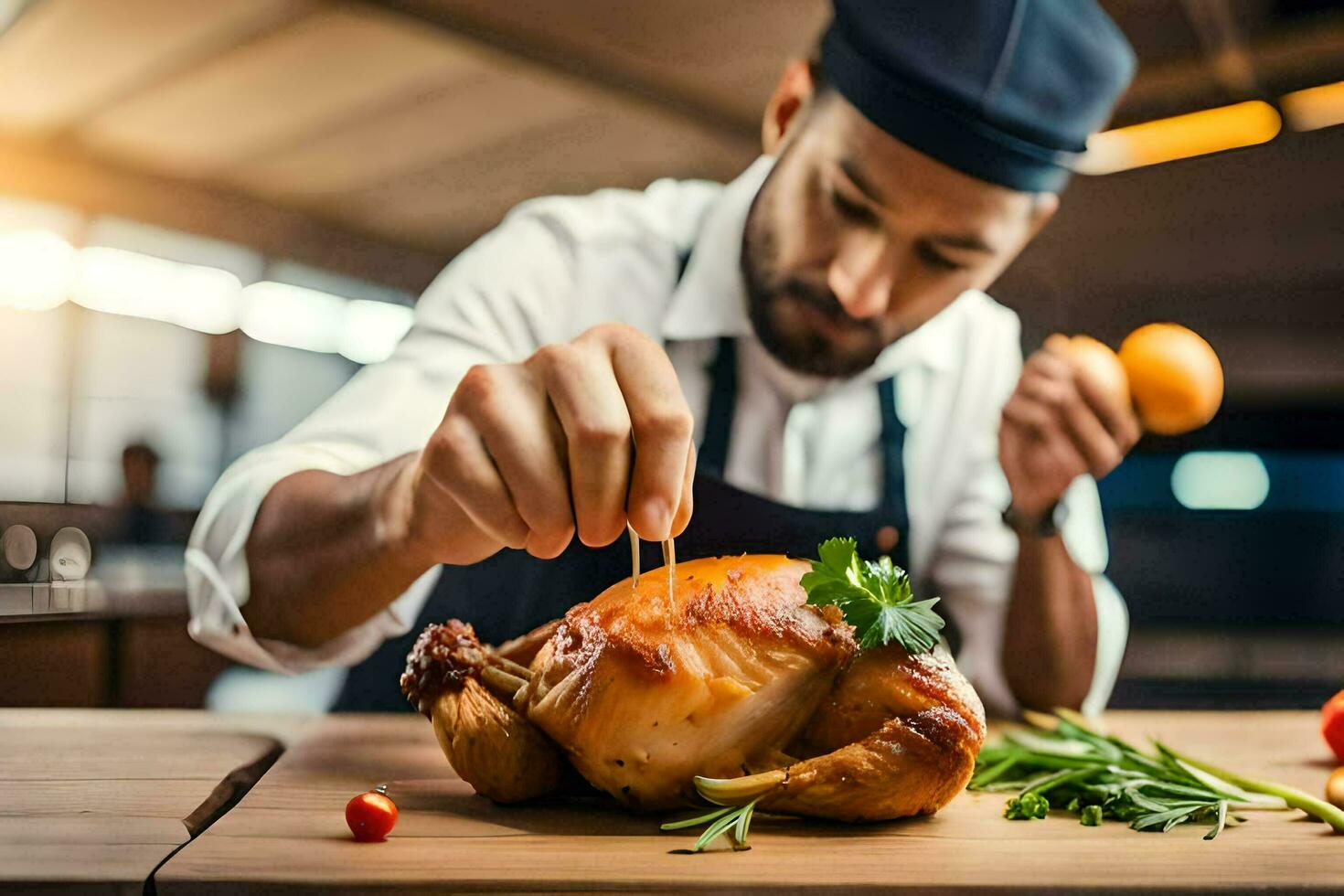 un cocinero es preparando un asado pollo. generado por ai foto