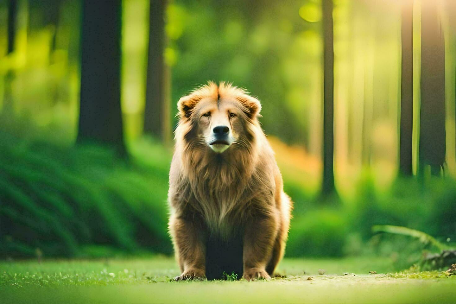 a lion is sitting in the middle of a forest. AI-Generated photo