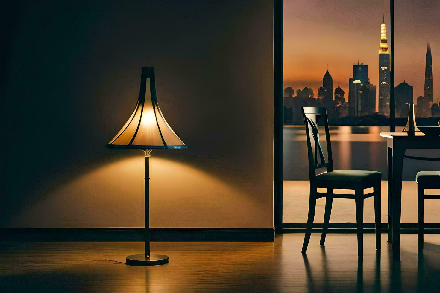 a lamp is on in front of a table and chairs. AI-Generated photo