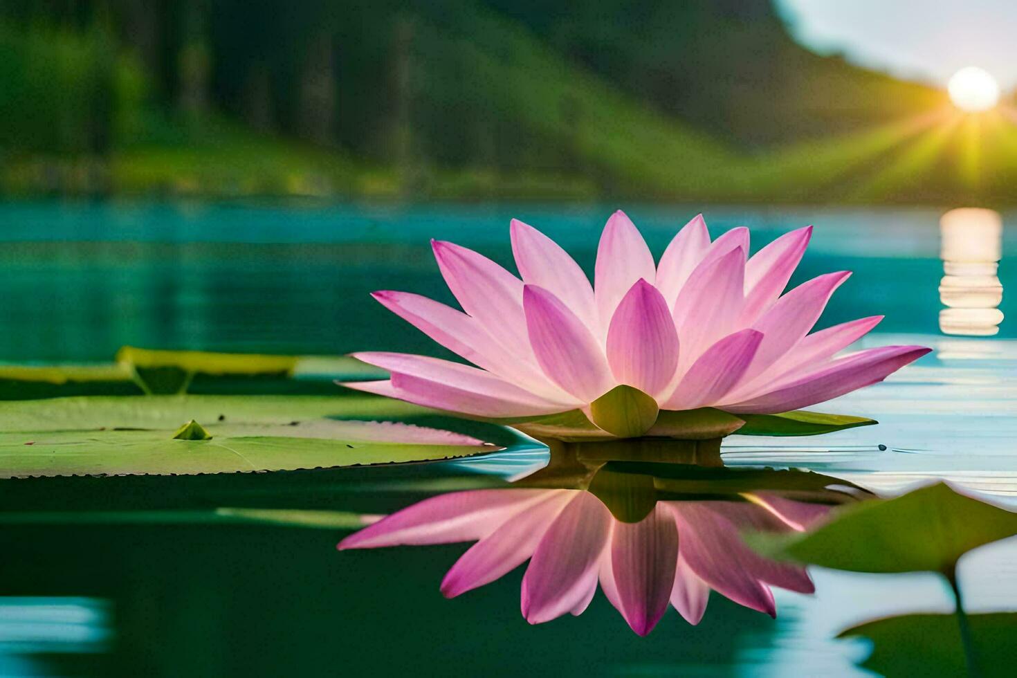 a pink lotus flower is floating in the water. AI-Generated photo