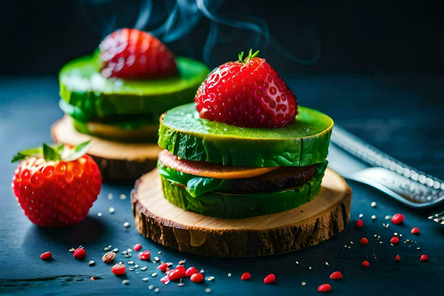 a hamburger with strawberries and avocado on top. AI-Generated photo