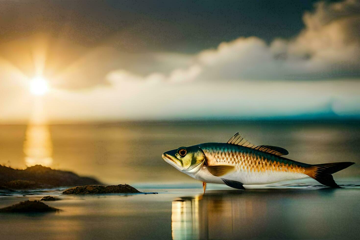 a fish is standing on the beach at sunset. AI-Generated photo