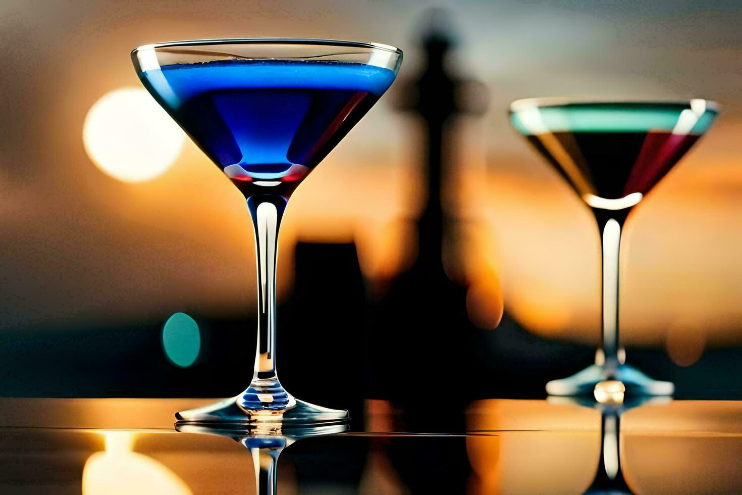two martinis are sitting on a table with a sunset in the background. AI-Generated photo