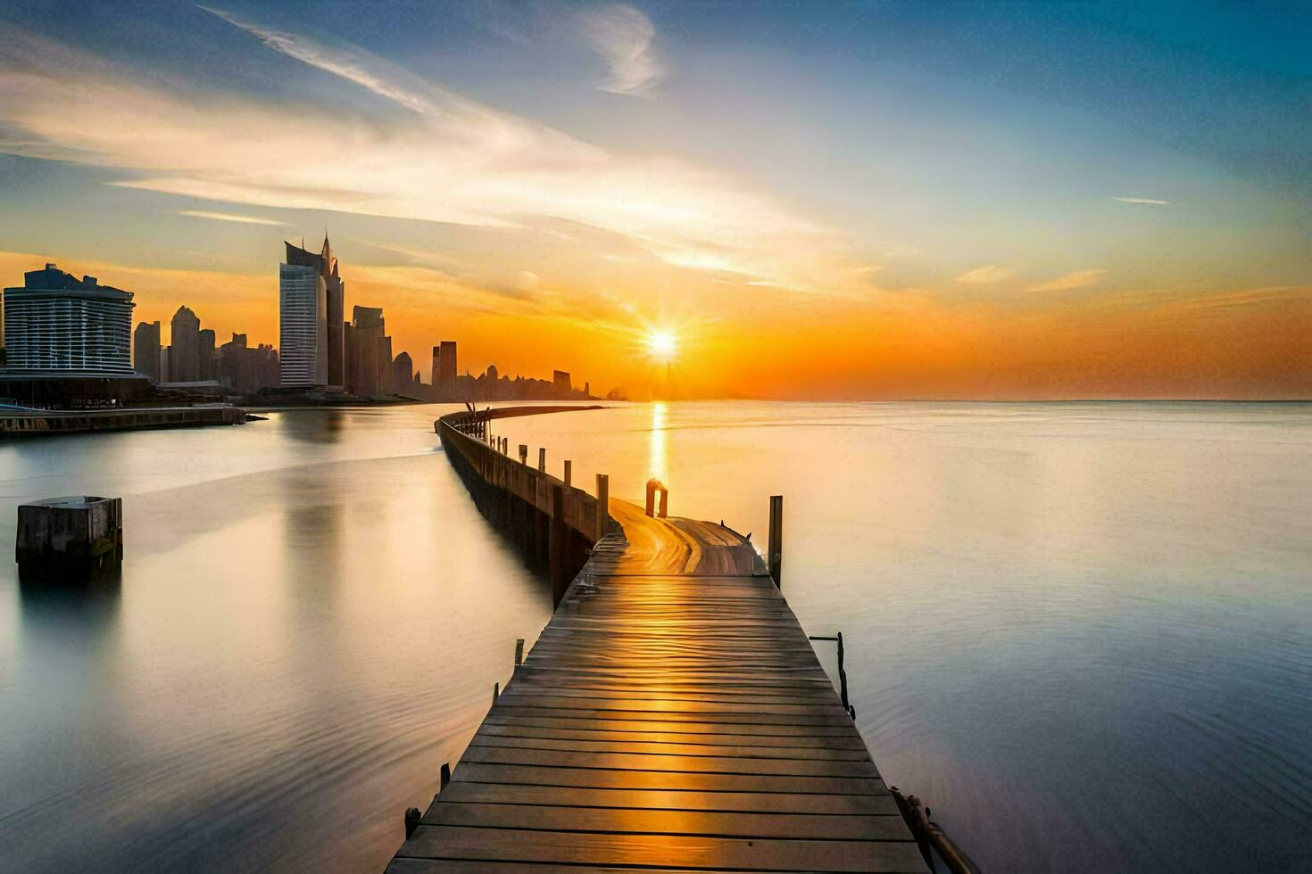 the sun sets over a pier in the middle of the ocean. AI-Generated photo