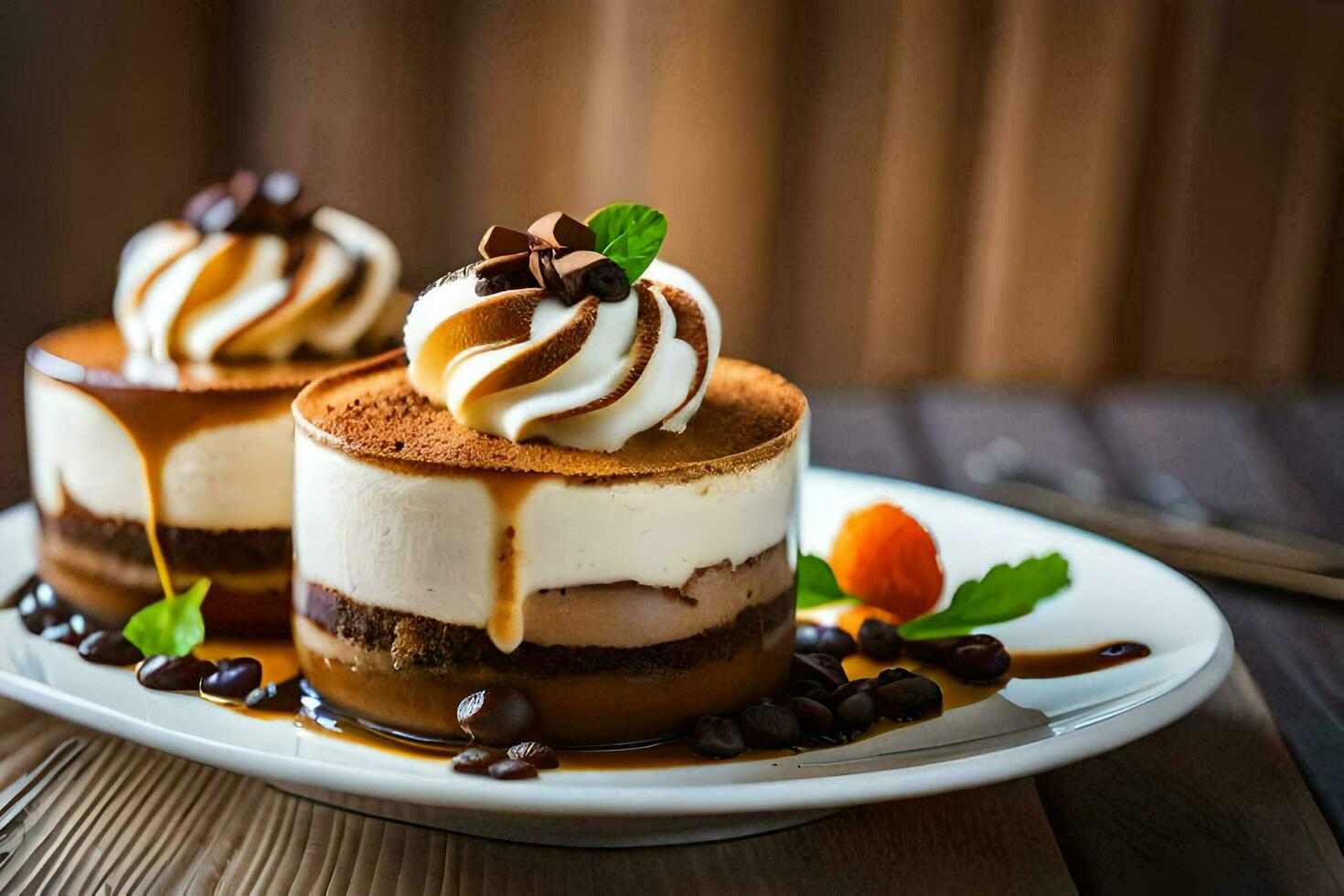 two desserts on a plate with chocolate and coffee. AI-Generated photo
