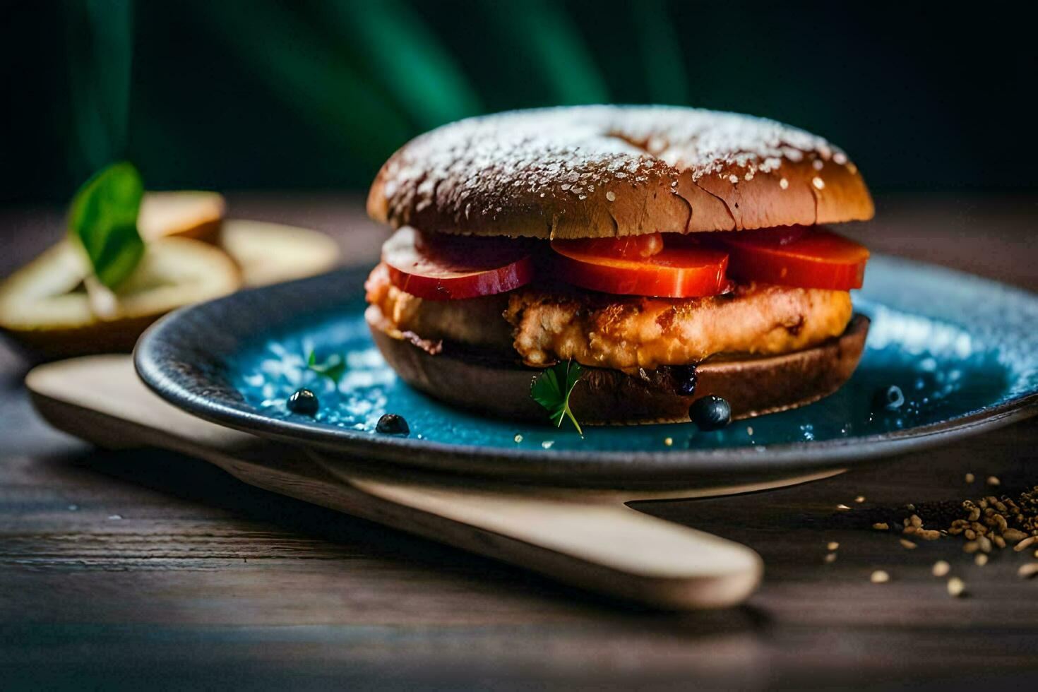 a hamburger with tomatoes and cheese on a blue plate. AI-Generated photo