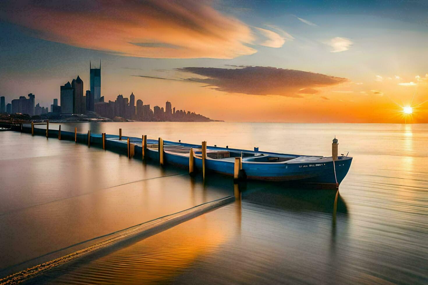 a boat sits on the water at sunset. AI-Generated photo