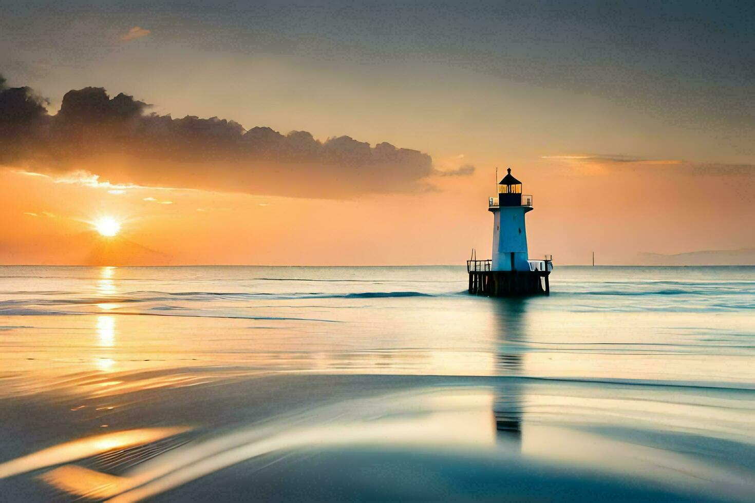 a lighthouse stands on the beach at sunset. AI-Generated photo