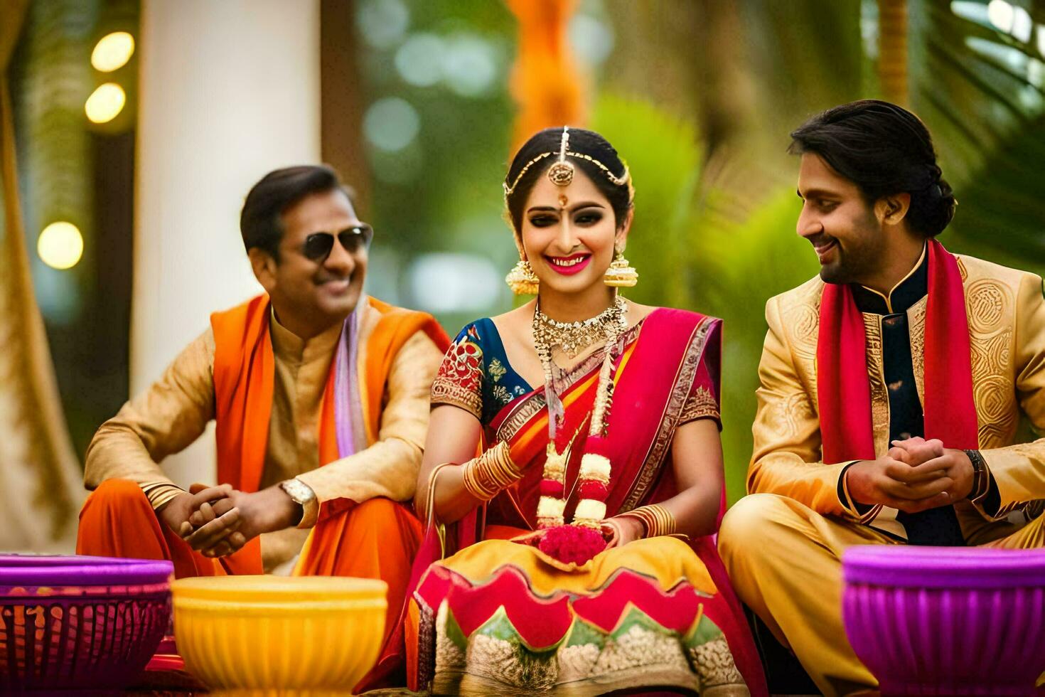 un Pareja en tradicional indio atuendo sentado en el suelo. generado por ai foto