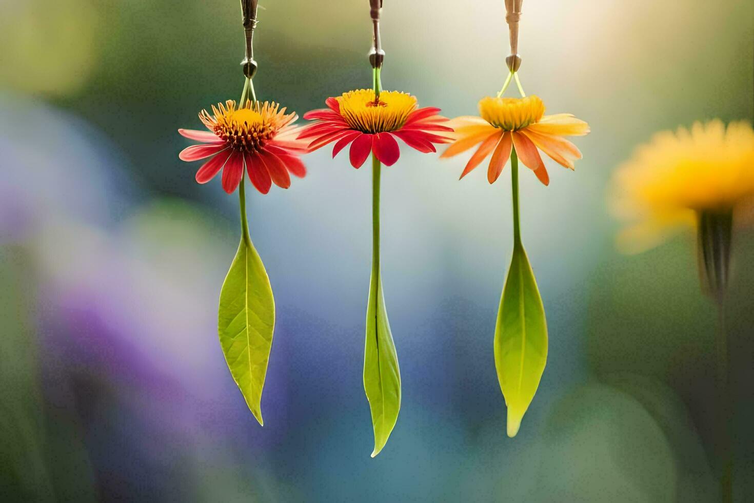 three colorful flowers hanging from a string. AI-Generated photo
