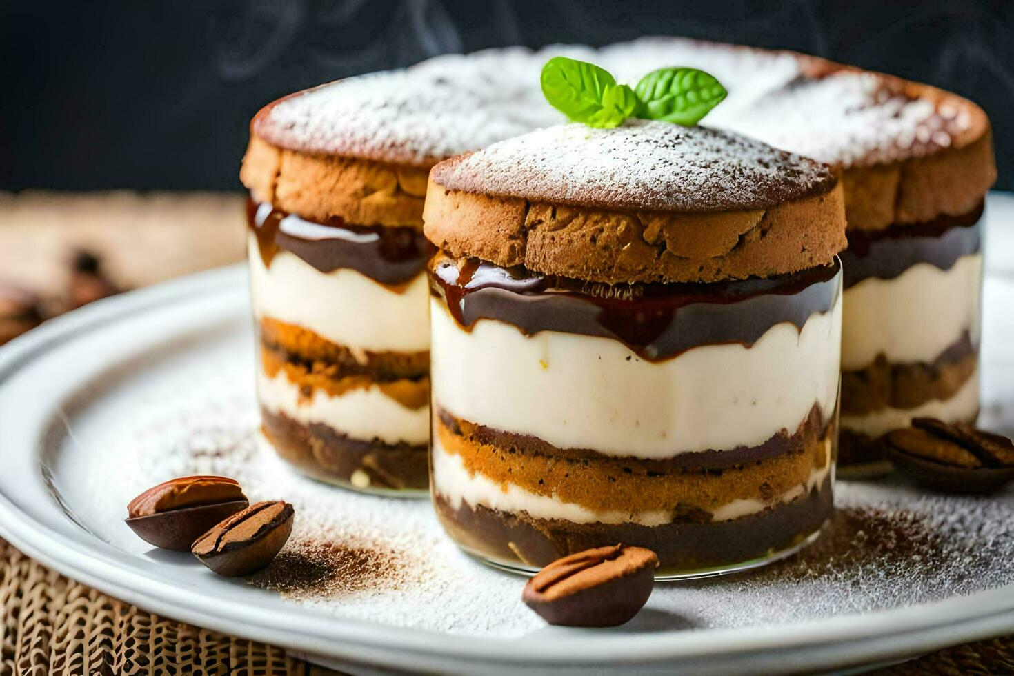 three desserts on a plate. AI-Generated photo