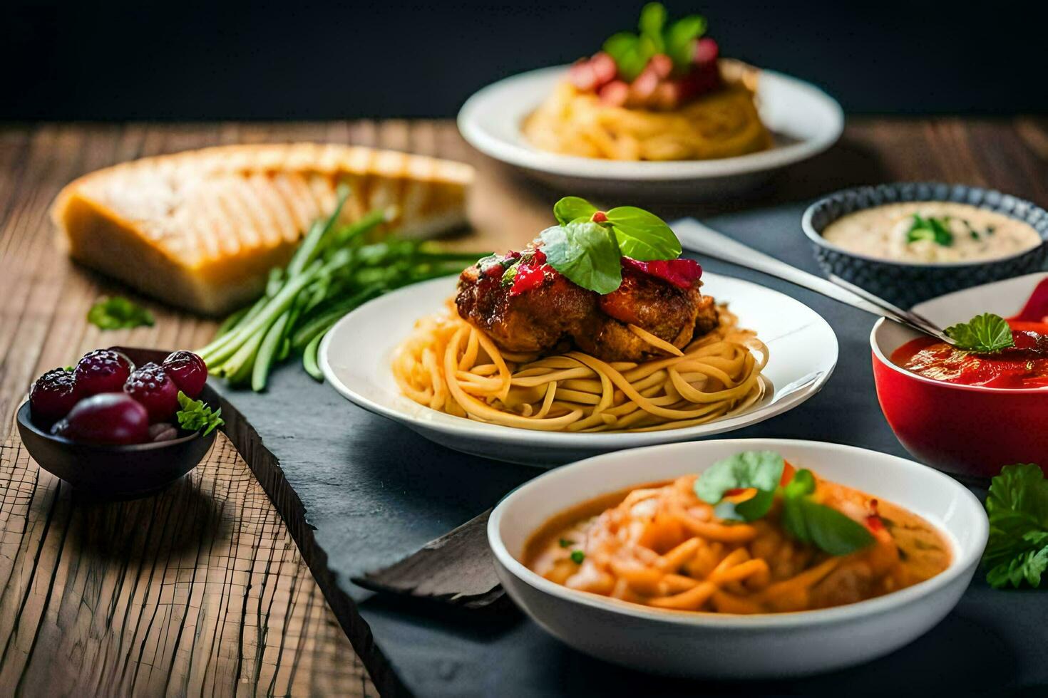 spaghetti with meat, sauce and vegetables on a table. AI-Generated photo